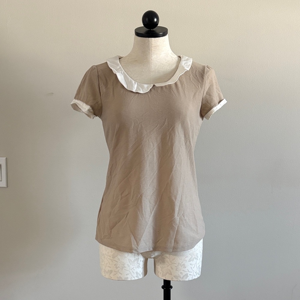 French Women's Tan Ruffle Collar Top